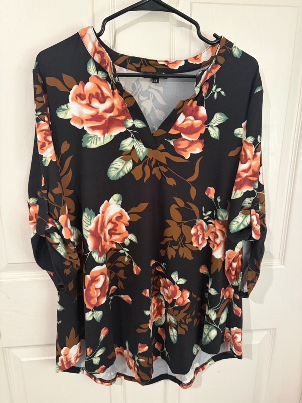 Floral Blouse 1X Black Rust Orange Roses Boho Fall Top Plus Size